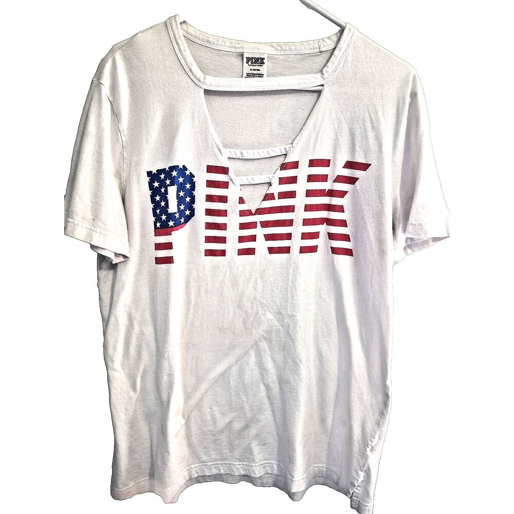 PINK Victoria's Secret Women's White V-Neck USA Patriotic Graphic Tee, M
